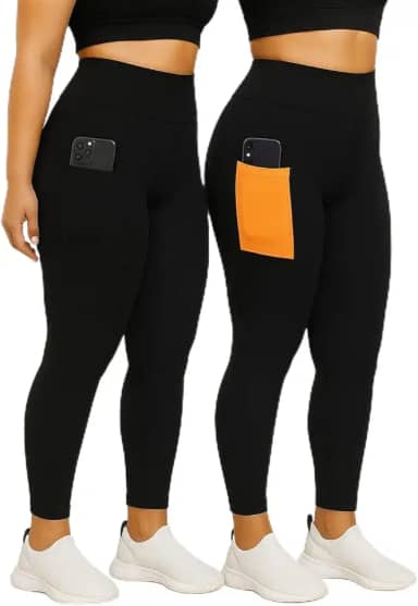 Kit 2 Calças Legging Plus Size com Bolso Lateral, para Academia, Alta Compressão, Cores Sortidas, Nao Fica Transparente