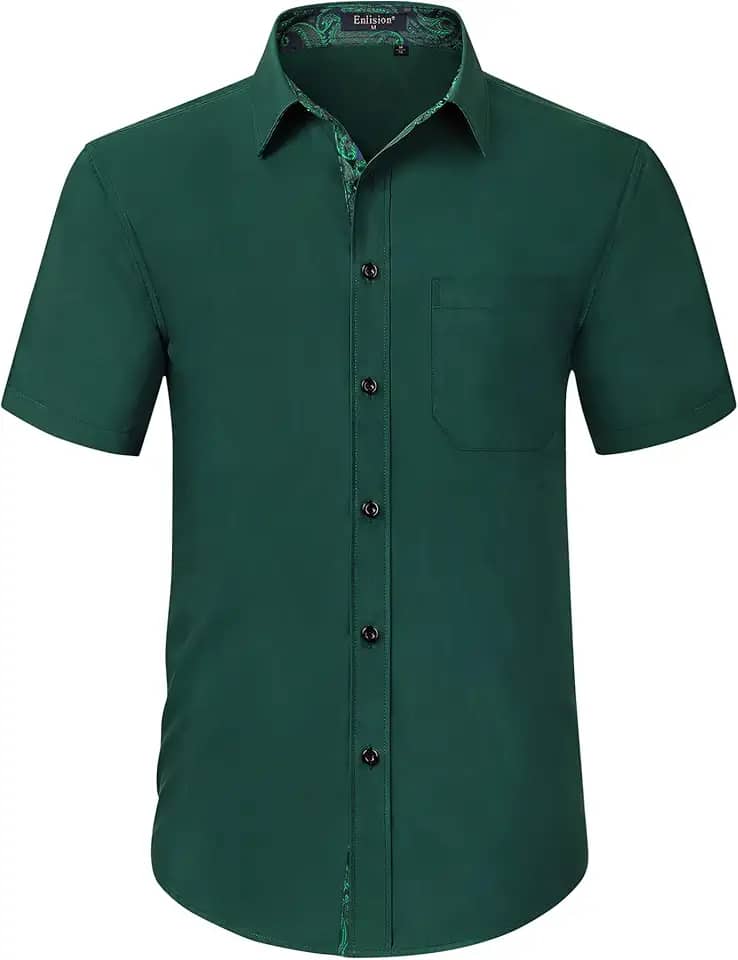 Camisa social masculina de manga curta, cor sólida, ajuste regular, casual, abotoada, com bolso