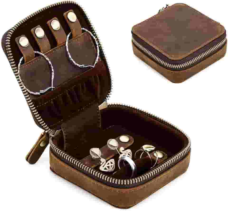 Estojo de Joias de Viagem CONTACTS em Couro Legítimo com Zíper Duplo, Caixa Pequena Organizador de Joias para Anéis, Colares, Brincos e Relógios – Caixa de Armazenamento de Luxo (Marrom)