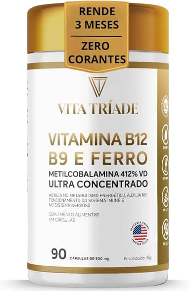 Vitamina b12 Metilcobalamina 412% 9,9mcg + Acido Fólico 150% + ferro 100% - 90 Cáps - Vita Tríade