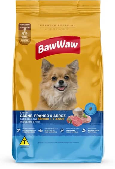 Ração Baw Waw para cães adultos Sênior pequenos e minis sabor Carne, Frango e Arroz - 10.1kg
