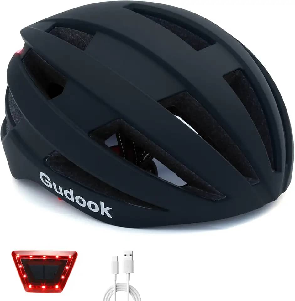 Gudook Capacete de bicicleta com luz – Capacetes de bicicleta para homens – mulheres adultas com luzes traseiras de LED ajustável capacete de ciclismo para motociclista de montanha urbana