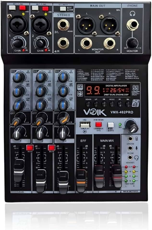 Mesa de Som 4 Canais com USB e Bluetooth 48v Igreja Voik VMX-402PRO