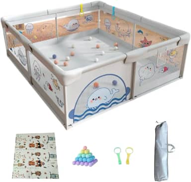 Cercadinho Infantil 2,00x1,80m com Tapete + Bolinhas + 2 Acessórios Interativos + Bolsa | Tema Fundo do Mar – Cinza