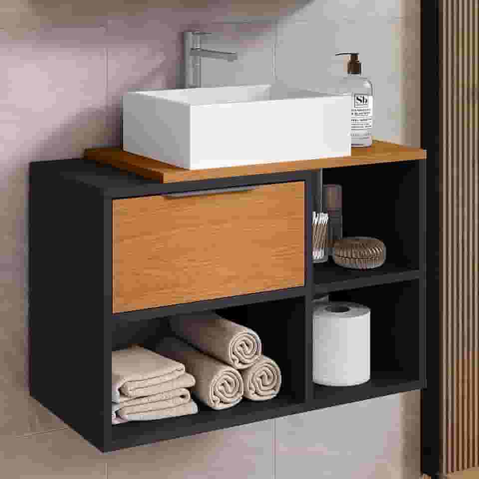 Gabinete Suspenso Kauane 60cm Banheiro com Nichos e Porta Basculante (PRETO/NATURE)