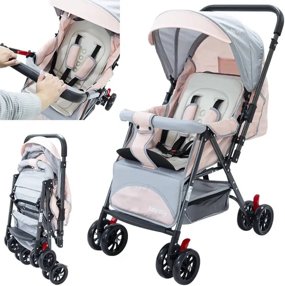 Carrinho de Bebê Reversível Passeio Runner até 15kg com Capota Retratil Reclinável Bandeja Cesto 4 Rodas Travas Cinto 5 Pontos e INMETRO (Rosa)