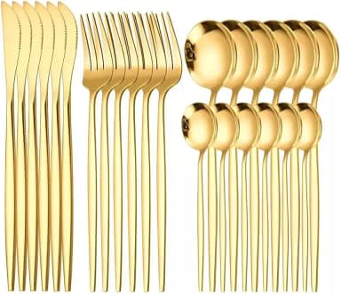 DIASO STORE Conjunto de Talheres 24 Peças Dourado Premium Jogo de Talheres Aço Inoxidável Colheres, Garfos e Facas