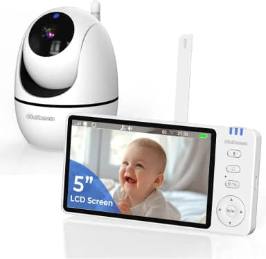 OLANENEM Baba Eletronica sem internet, 5' Monitor de Bebe, 360°, 2 Way Audio, Visão Nocturna, bateria de 10 horas, 4 Zoom, Economia de energia VOX, Canção de Ninar, Ideal para Pais Novos,110/220v