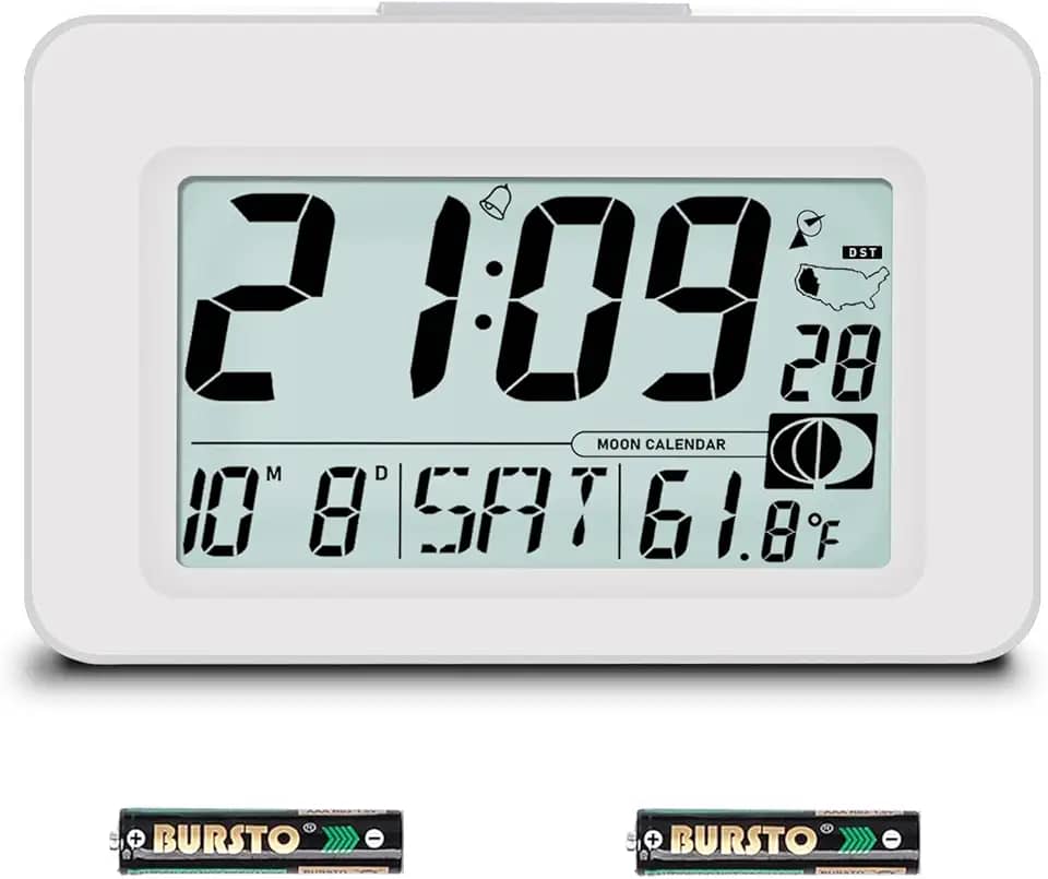 Despertador atômico prático – Relógio digital operado por bateria de 15 cm com segundos, autoconfiguração, sincronização automática, horário de verão, fusos horários selecionáveis, relógio portátil de