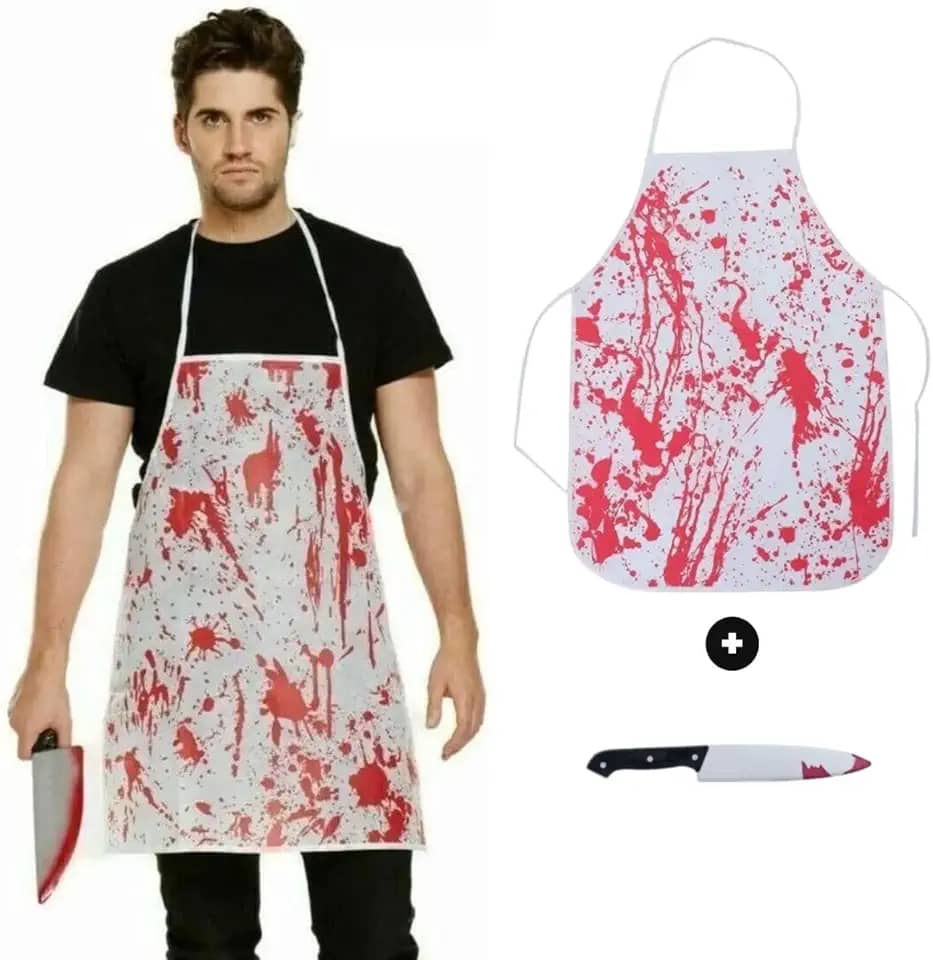 Fantasia Halloween Acogueiro Avental com Sangue + Faca Dia das Bruxas Adulto