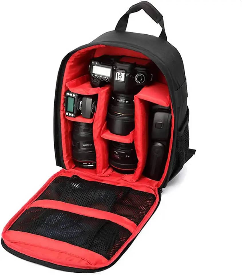 Mochila Fotográfica Impermeável Compacta para Câmeras DSLR e Mirrorless - Cor Preta e Vermelha