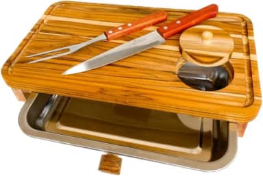 Kit Churrasco com Tábua para Churrasco em Madeira com Gaveta, Faca e Garfo, para Corte de Carnes