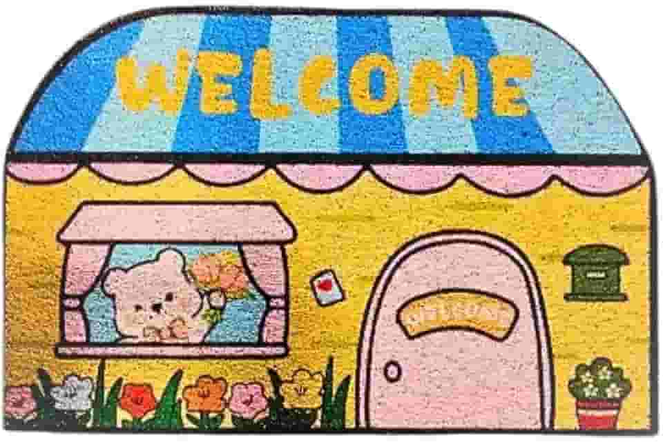 Tapete Porta de Entrada Capacho Antiderrapante Decorativo Desenho de Casinha com Coelho, Multicolorido(Casinha 1)