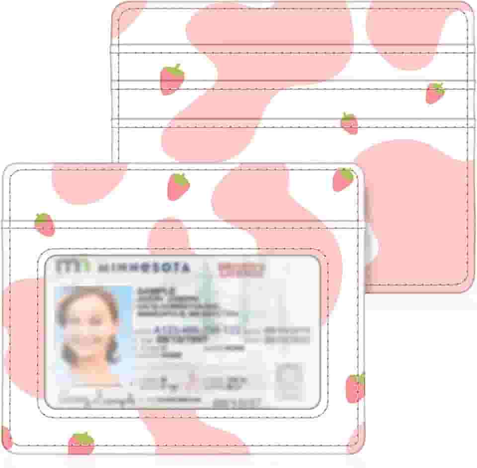Carteira Fina Minimalista com Bolso Frontal, Proteção RFID, Janela para Identidade, Unissex, Couro Vegano, Rosa, Geométrico, Moderno
