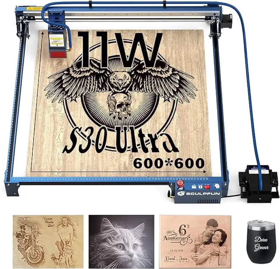 SCULPFUN S30 Ultra 11W Máquina de Gravação a Laser CNC Cortador a Laser com Área de Gravação Grande de 600 x 600 mm Assistência Automática de Ar Gravação de Alta Precisão de 0,005 mm