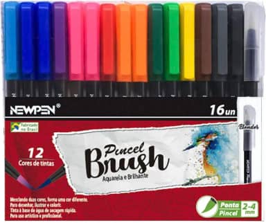 Caneta Ponta Pincel, Newpen, Brush Pen, Newpen, 15 Cores + 1 Blender, 16 unidades