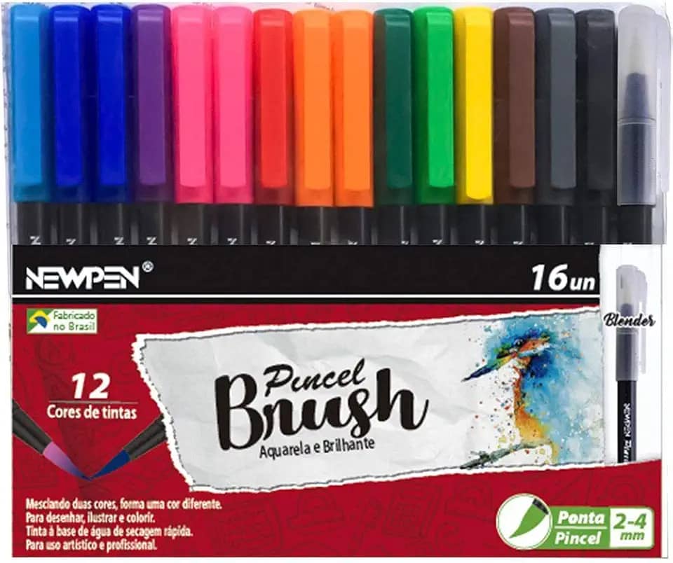 Caneta Ponta Pincel, Newpen, Brush Pen, Newpen, 15 Cores + 1 Blender, 16 unidades