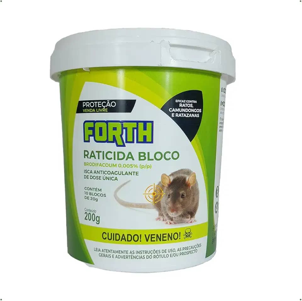 Forth Raticida Bloco, Isca, Brodifacoum, Dose Única, Contra Ratos Marrons, Ratazanas e Camundongos, 200g