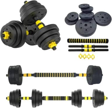 Kit Halteres Ajustáveis 6 em 1 com Barra Central 30kg – Para Treino em Casa ou Academia – Anilhas Revestidas, Peso Modular e Pegada Antiderrapante