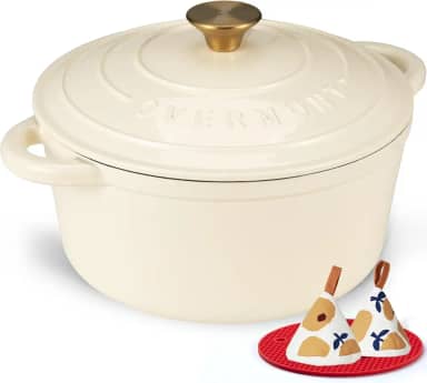 Overmont Panela Holandesa de Ferro Fundido Esmaltado 7 L com Tampa – Acompanha Livro de Receitas (sem garantia de versão em português) e Pegadores de Algodão – Panela Reforçada para Assados, Ensopados