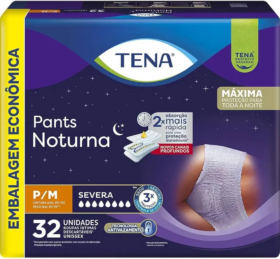 Tena Pants Noturna, Roupa Íntima para Incontinência Urinária, P/M - Embalagem econômica, 32 unidades