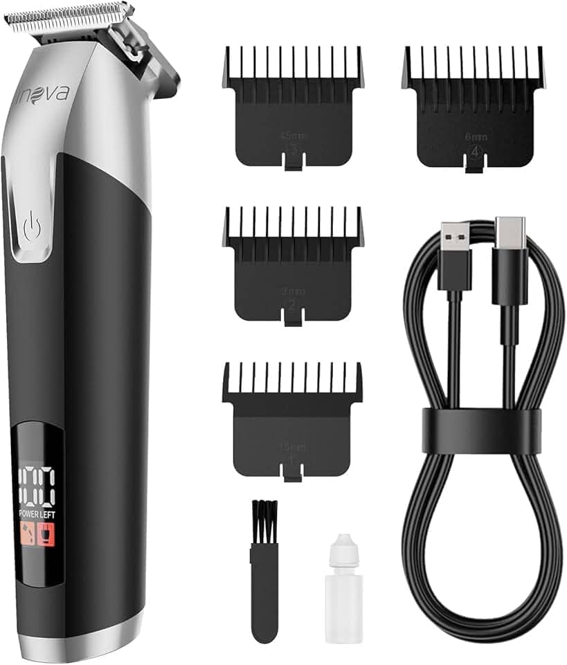 Inova 5W Máquina de Cortar Cabelo Elétrica LFJ-13149, 1200mah Acabamento Multiuso Usb Barba Cabelo Bigode Bateria com duração de 2.5 horas com Visor LED e 4 Pentes Limitadores (Preto)