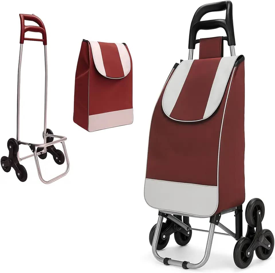 Carrinho de Compras Dobrável para Feira, Supermercado, Praia, Camping, com Rodas Triplas que Sobem Escadas, Reforçado, Suporta até 30kg, Fácil de Montar e Desmontar (Bordô)
