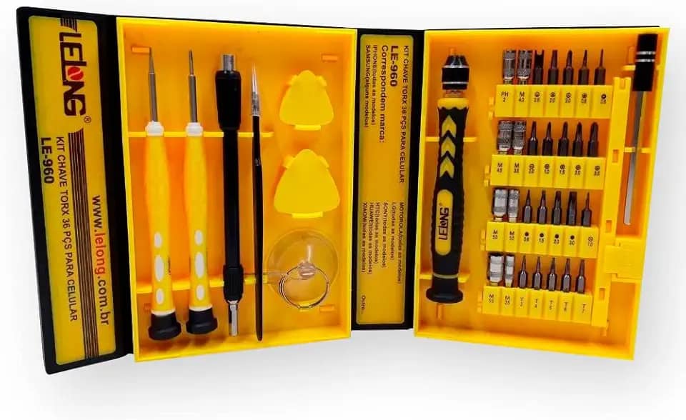 KIT COMPLETO DE CHAVES PARA ABRIR E REPARAR CELULAR COM 36 PEÇAS COM PINÇA E PALHETAS PARA IPHONE, IPAD, SAMSUNG, MOTOROLA UNIVERSAL COM MALETA