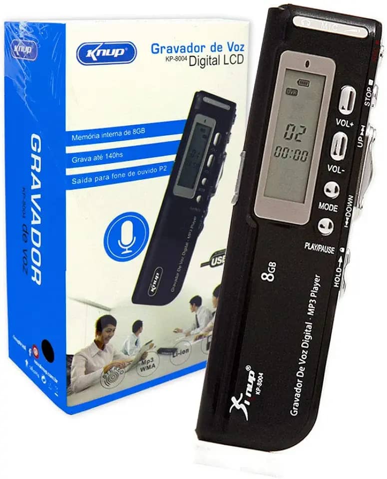 Gravador de Voz Digital com Display LCD KP-8004 Knup 8Gb Saída para P2 Mp3 Player USB RJ11 Preto