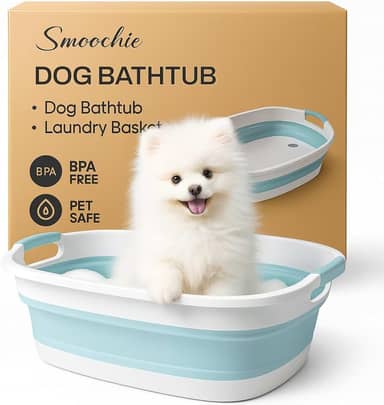 Smoochie Banheira e cesto de roupa suja para cães – Banheira dobrável 2 em 1 para animais de estimação/gato, banheira para cães pequenos