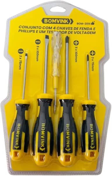 Kit com 4 Chaves de Fenda e Phillips com Testador de Voltagem 5 Peças 3x75mm e 5x100mm Jogo de 5 Peças Chaves de Fenda e Phillips + Testador de Voltagem Premium