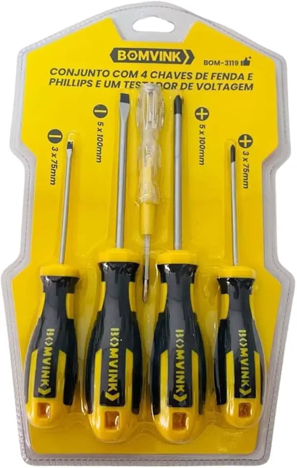 Kit com 4 Chaves de Fenda e Phillips com Testador de Voltagem 5 Peças 3x75mm e 5x100mm Jogo de 5 Peças Chaves de Fenda e Phillips + Testador de Voltagem Premium