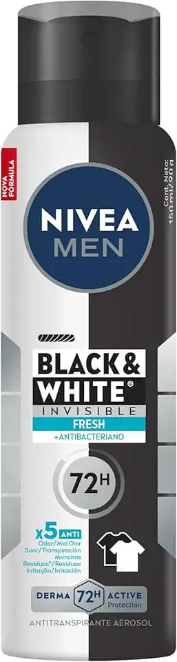 NIVEA MEN Desodorante Antitranspirante Aerossol Invisible Black & White Fresh 150ml - Proteção prolongada de 48h, cuidado suave, ação antibacteriana, fórmula 5 em 1: anti-manchas