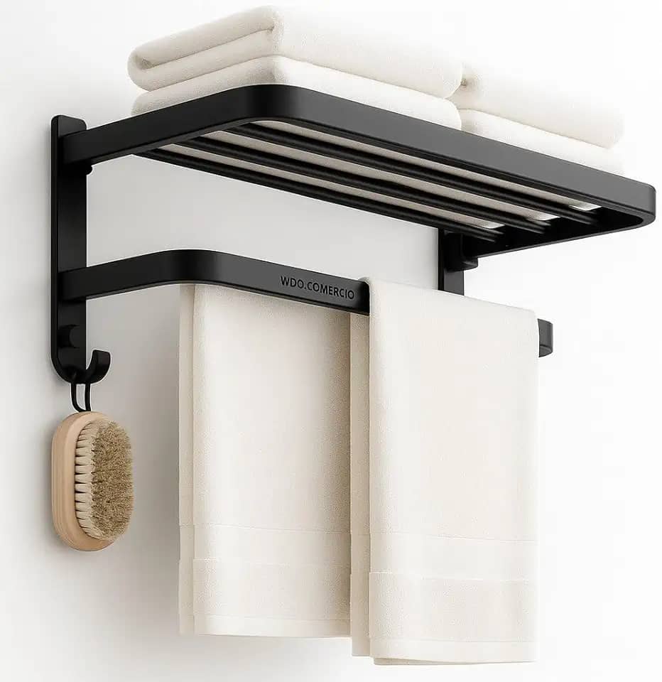 Toalheiro Duplo Dobrável em Aço Inox – 2-em-1 Com Prateleira Retrátil, Instalação (Sem Furos), Alta Resistência à Corrosão – WDG COMÉRCIO