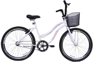 Bicicleta Feminina 26 Beach Retrô Branca Monomarcha com Aros duplos, Pneus Slik, Paralamas e Cesta Rosa- Dalannio Bike