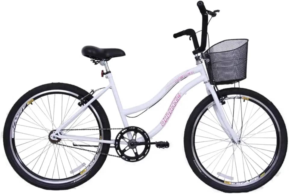 Bicicleta Feminina 26 Beach Retrô Branca Monomarcha com Aros duplos, Pneus Slik, Paralamas e Cesta Rosa- Dalannio Bike