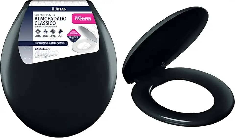 Atlas - Assento Sanitário Plástico Almofadado Clássico com Kit de Fixação, Cor Preto