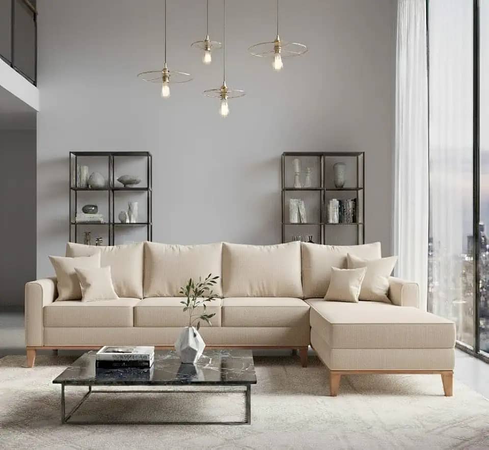 Sofá Beny com Chaise Direita, 2,60x1,40m, 4 Lugares, Linho, Base em Madeira. (Cru)