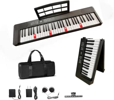 VEDO Piano Digital Dobrável 61 Teclas com Teclas Iluminadas Semi-Ponderadas e Bluetooth MIDI - Teclado Portátil Recarregável para Iniciantes, Adolescentes e Adultos, Inclui Bolsa, Suporte, Pedal