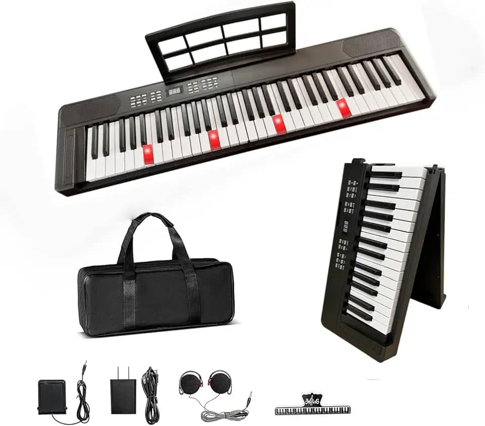 VEDO Piano Digital Dobrável 61 Teclas com Teclas Iluminadas Semi-Ponderadas e Bluetooth MIDI - Teclado Portátil Recarregável para Iniciantes, Adolescentes e Adultos, Inclui Bolsa, Suporte, Pedal