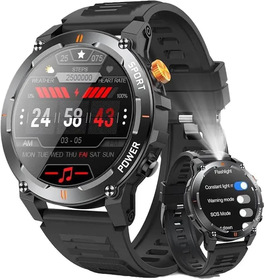 Relógio Inteligente Militar Masculino com Luzes de Emergência, Tela HD de 1.52', 20 Dias de Chamadas Bluetooth, Bateria 500mAh, Lanterna, Bússola, Esportes ao ar Livre Smartwatch para iOS e Android