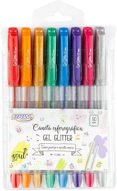Caneta Esferográfica Gel com Glitter 1.0mm Blister com 8 Cores, BRW