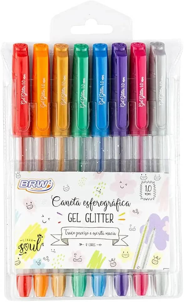 Caneta Esferográfica Gel com Glitter 1.0mm Blister com 8 Cores, BRW