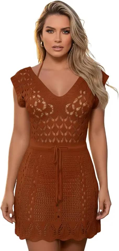 Saida de Praia Crochê Vestido Curta Tricot Rendado Cinturada Manga Curta Elegante Saida de Banho Piscina Canga Verão