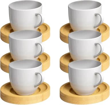 Jogo 6 Xicara Cafe Colorida Porcelana Pires Madeira 95ml - Mundo Da Porcelana (Branca)