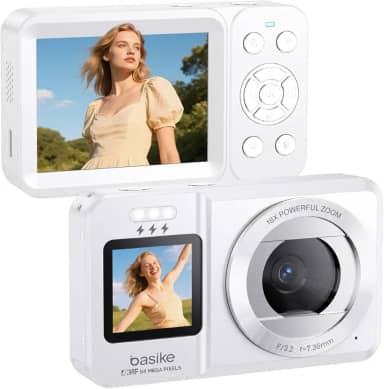 Basike Câmera Fotográfica Digital 4K UHD 64MP, Zoom 18X, Tela Dupla com Flash, Foco Automático e Efeitos Criativos, para Iniciantes, Jovens e Viagens, Compacta, Criativa e Portátil – Branco