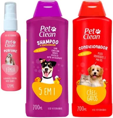 Kit Shampoo 5 em 1, Condicionador 700mL, Perfume 120mL para Cães e Gatos, Multicores, Líquido, Higiene Completa (Femea) Pet Clean