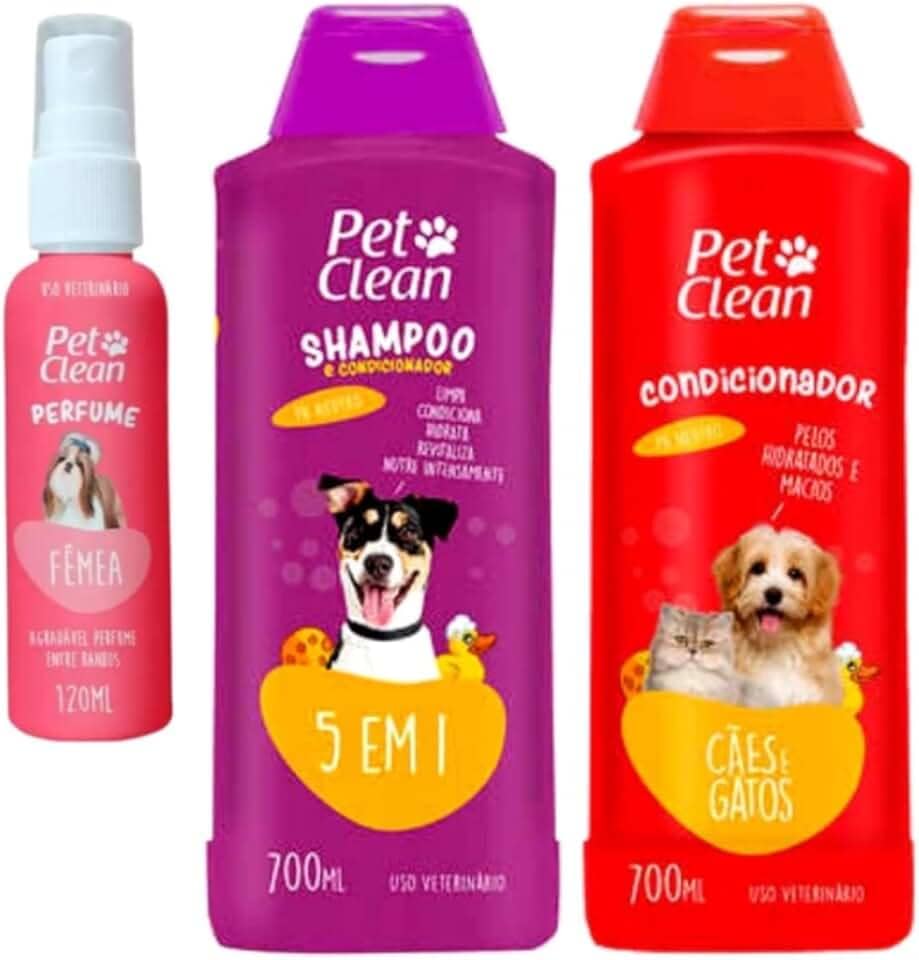 Kit Shampoo 5 em 1, Condicionador 700mL, Perfume 120mL para Cães e Gatos, Multicores, Líquido, Higiene Completa (Femea) Pet Clean