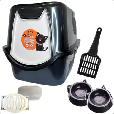 Caixa de areia para Gatos Toalete Black/Preto Duracats Banheiro Bandeja Sanitário Higiênico Facil Limpeza Confortável com Comedouros e Pá