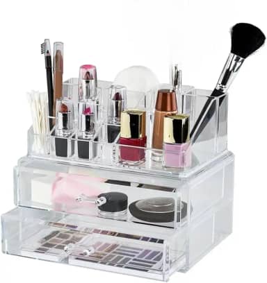 Organizador de Maquiagem Acrílico, 4 Gavetas, 16 Compartimentos, Transparente, 24x13,5x38 cm, Desmontável, Armazenamento de Cosméticos